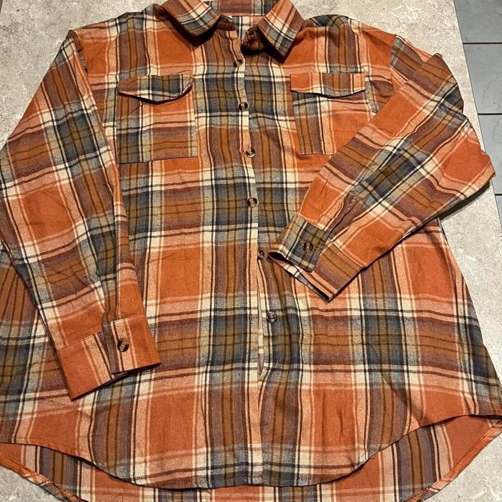 Unbranded Orange Plaid Flannel Button Down Shirt XXL Oversized Shacket